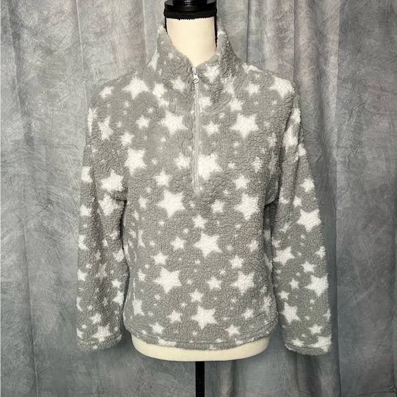 Love + Joy Gray and White Star 1/2 Zip Long Sleeved Cropped Fleece - size Medium - Picture 4 of 12
